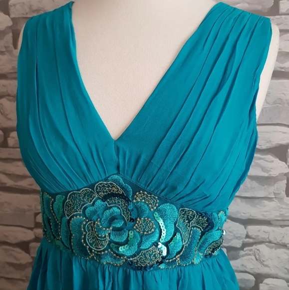 NEW MONSOON 100% Silk turquoise blue Puffball Dress Balloon Hem embellished 10uk - Picture 6 of 14